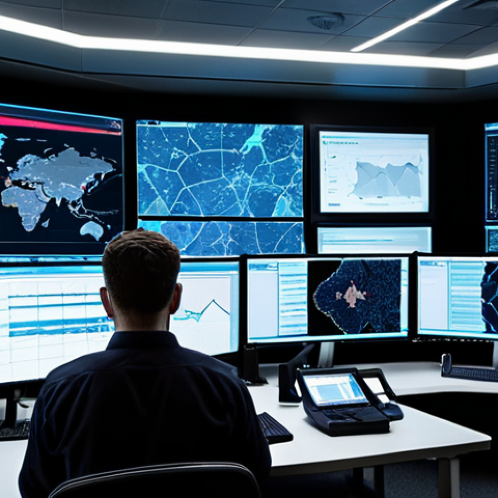 **A busy cybersecurity operations center (SOC)**: Multiple screens display complex data visualizations of network traffic and security alerts. Team members are collaborating, with focused expressions. The overall feeling is intense but organized, highlighting proactive threat detection and incident response.