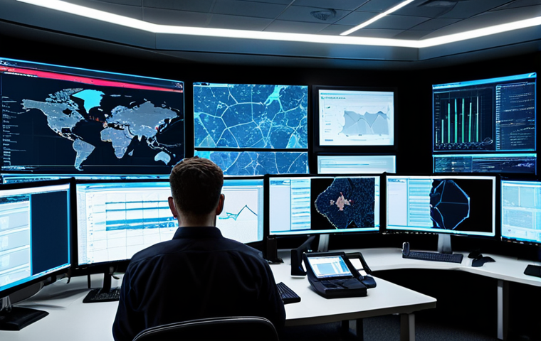 **A busy cybersecurity operations center (SOC)**: Multiple screens display complex data visualizations of network traffic and security alerts. Team members are collaborating, with focused expressions. The overall feeling is intense but organized, highlighting proactive threat detection and incident response.