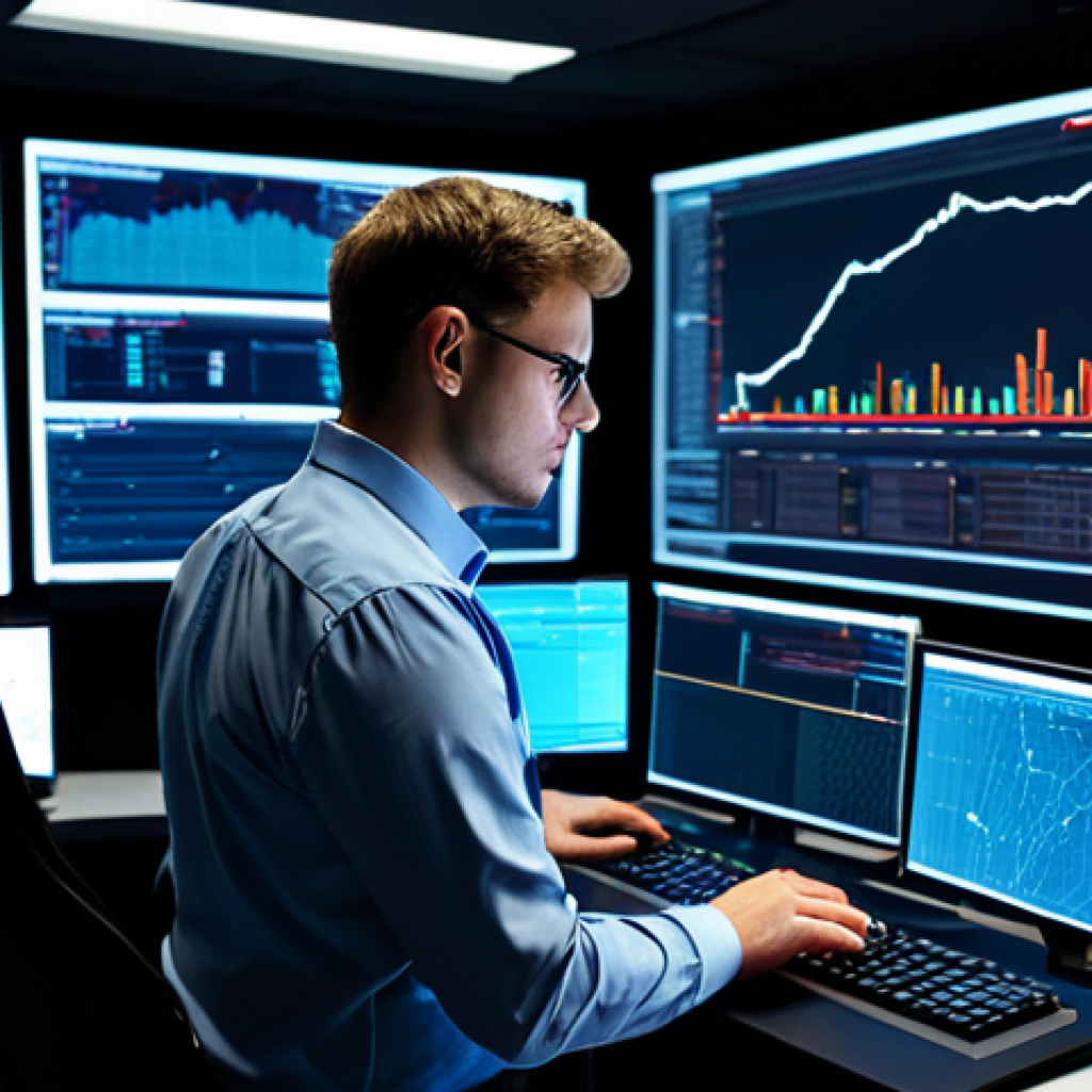 A professional cybersecurity analyst, fully clothed in a modest business casual outfit, intensely focused on multiple large data screens in a modern, dark-lit Security Operations Center (SOC) control room. The screens display complex graphs, network maps, and real-time security alerts. The atmosphere is professional and high-tech, with glowing interfaces and server racks subtly visible in the background. The analyst is shown from the waist up, with well-formed hands visible on a keyboard. The image emphasizes vigilance and advanced data monitoring. safe for work, appropriate content, fully clothed, professional, perfect anatomy, correct proportions, natural pose, well-formed hands, proper finger count, natural body proportions, high quality.