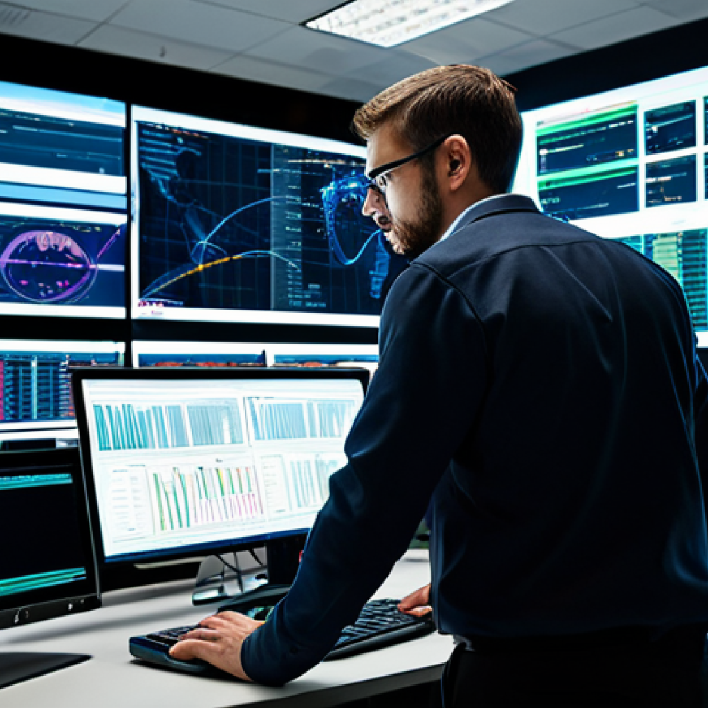 Cyber Security Analyst at Work**

A focused cyber security analyst, fully clothed in business casual attire, monitoring network traffic on multiple screens in a brightly lit security operations center. Appropriate content, safe for work, emphasizing data visualization and threat detection. High resolution, professional, perfect anatomy.

**