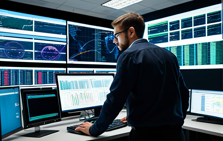 Cyber Security Analyst at Work**

A focused cyber security analyst, fully clothed in business casual attire, monitoring network traffic on multiple screens in a brightly lit security operations center. Appropriate content, safe for work, emphasizing data visualization and threat detection. High resolution, professional, perfect anatomy.

**