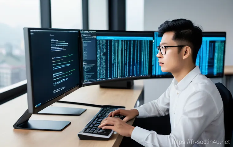 보안관제 전문가의 커리어 빌딩 전략 - "A focused and determined cybersecurity professional, in their late 20s, of East Asian descent, wear...