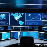 보안관제센터의 위협 사전 탐지 시스템 - A high-tech cybersecurity control room in Paris, filled with large digital screens displaying real-t...