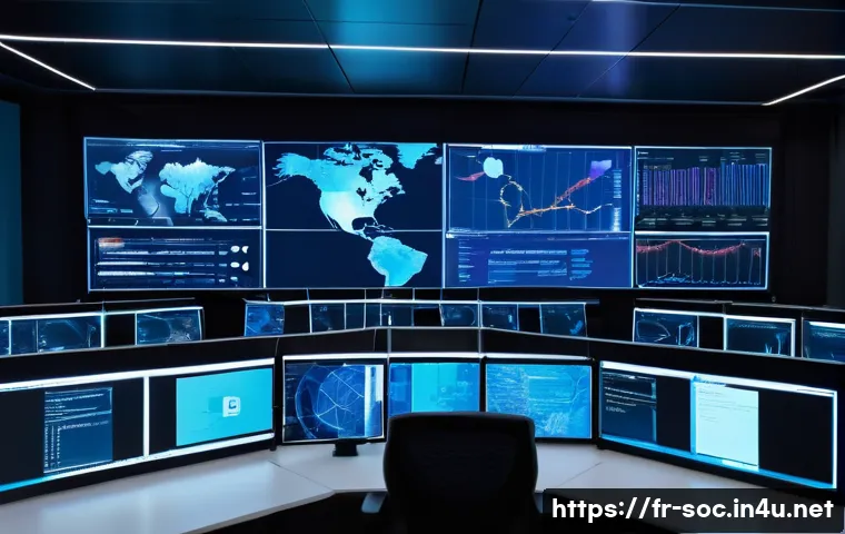보안관제센터의 위협 사전 탐지 시스템 - A high-tech cybersecurity control room in Paris, filled with large digital screens displaying real-t...