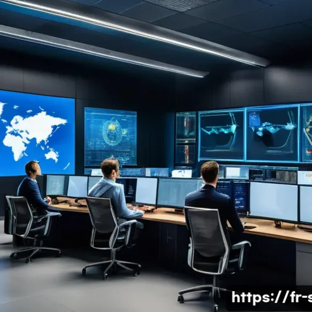 보안관제센터 해외 취업 준비 팁 - A modern international security operations center with diverse professionals collaborating, large di...