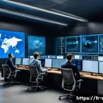 보안관제센터 해외 취업 준비 팁 - A modern international security operations center with diverse professionals collaborating, large di...
