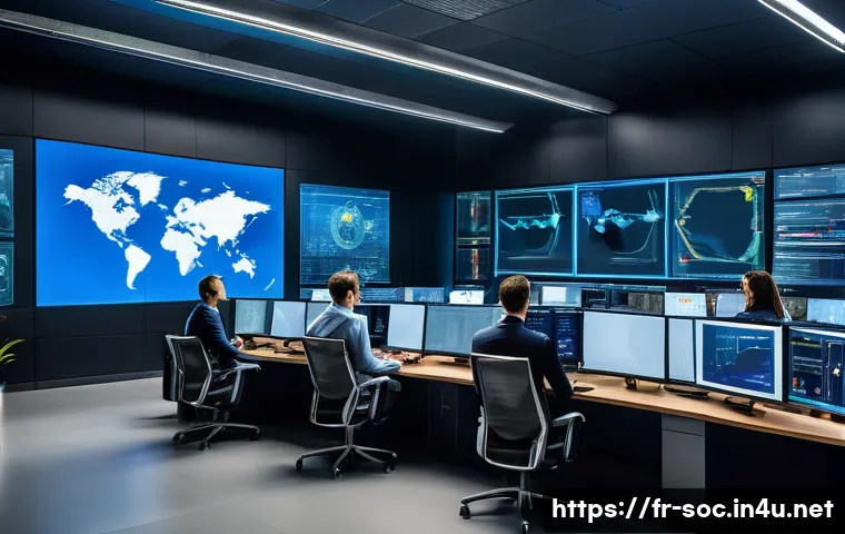 보안관제센터 해외 취업 준비 팁 - A modern international security operations center with diverse professionals collaborating, large di...