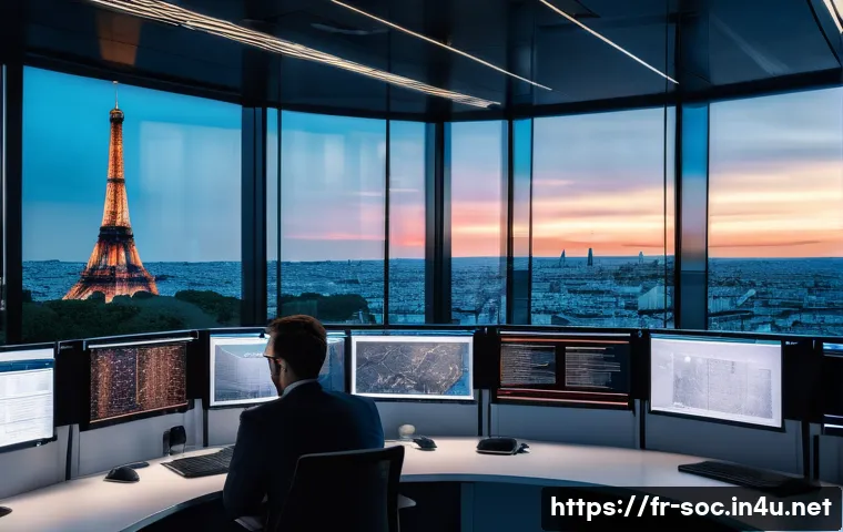 보안관제센터와 사이버 훈련 프로그램 - A high-tech cybersecurity operations center in Paris, featuring diverse French security analysts mon...