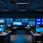보안관제 전문가 필수 소프트 스킬 - A modern cybersecurity control room with a diverse team of professionals calmly monitoring multiple ...