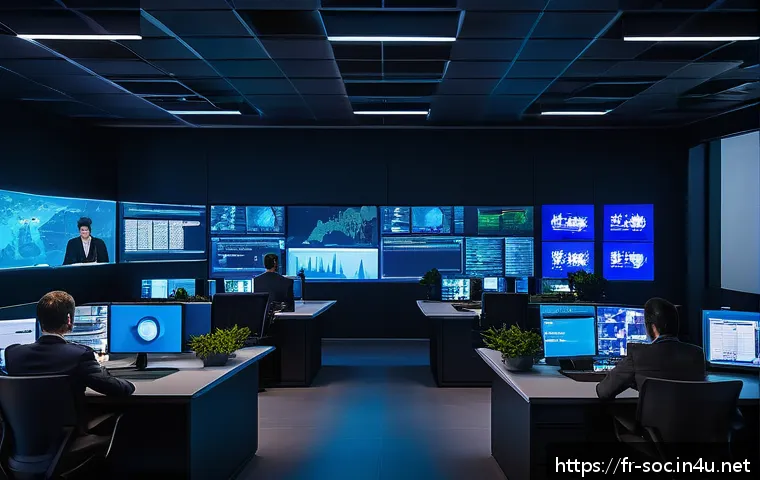 보안관제 전문가 필수 소프트 스킬 - A modern cybersecurity control room with a diverse team of professionals calmly monitoring multiple ...
