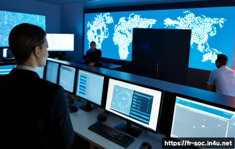 보안관제센터와 AI 기반 보안의 관계 - Photorealistic modern French security operations center, diverse cybersecurity analysts in smart cas...