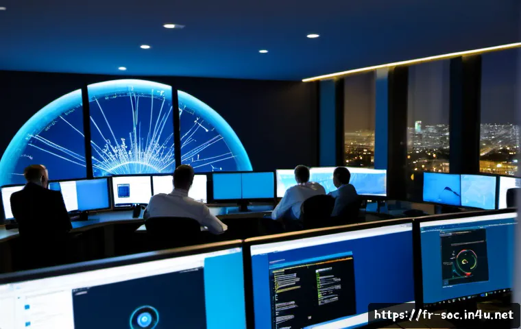 보안관제센터 운영 성공 사례 - Photorealistic French cybersecurity operations center in Paris, diverse security analysts calmly col...