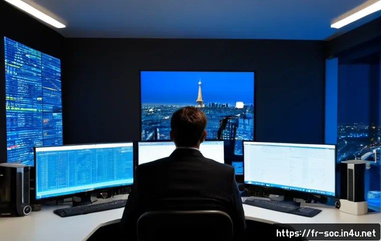 Home 17 보안관제센터 침해사고 사례 분석 - Photorealistic French cybersecurity operations center during a breach incident review, diverse analy...